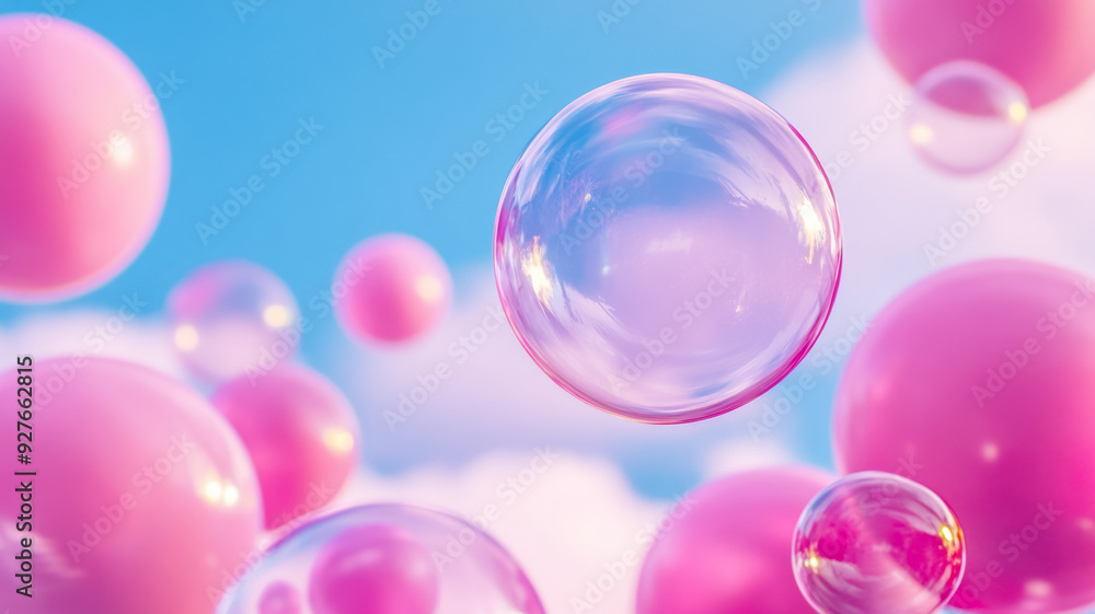 Creative shot of bubble gum bubbles floating in the air against a soft pastel sky with a dreamy surreal atmosphere Creative shot of bubble gum bubbles floating in the air against a soft pastel sky with a dreamy surreal atmosphere