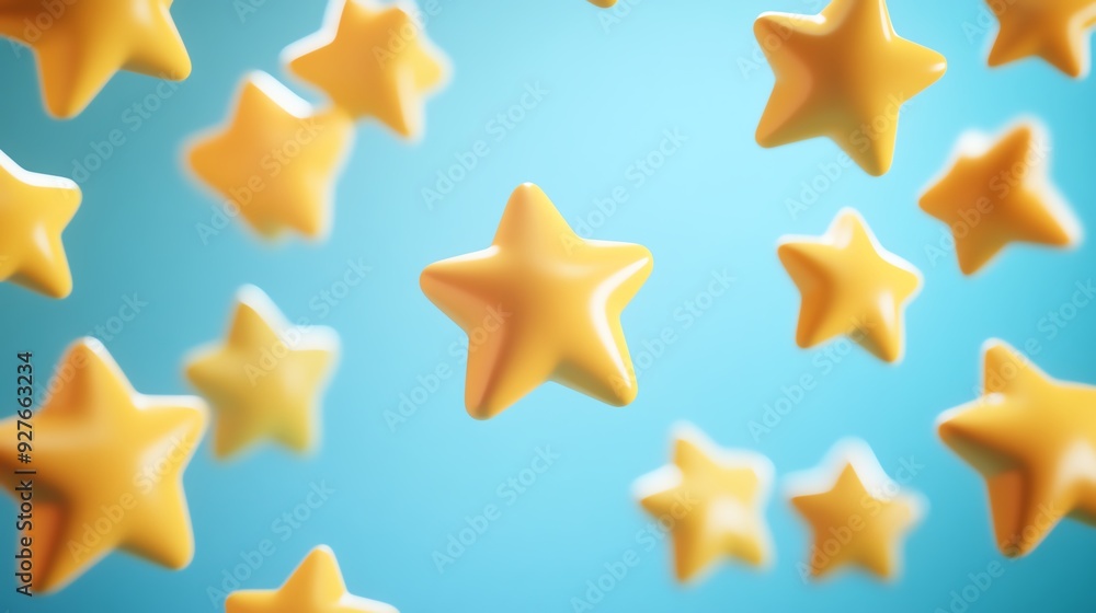 Colorful yellow stars float against a soft blue background, creating a whimsical and cheerful atmosphere. Colorful yellow stars float against a soft blue background, creating a whimsical and cheerful atmosphere.