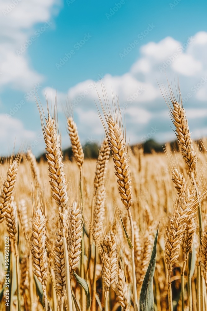 Fototapeta premium Golden wheat field under a blue sky with fluffy clouds in summer