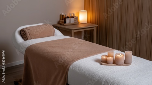 A serene spa treatment room featuring a massage table, soft lighting, and relaxing candles for a calming atmosphere.