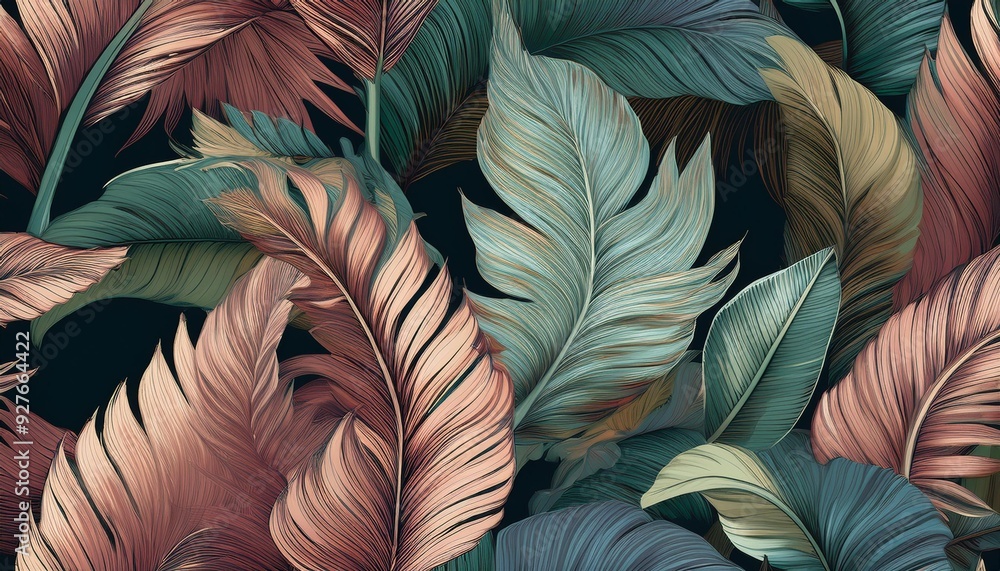 custom made wallpaper toronto digitalTropical luxury exotic seamless pattern. Pastel colorful banana leaves, palm. Hand-drawn vintage 3D illustration. Dark glamorous background design. Good for wallpapers, tapestry,cloth, fabric printing