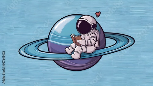 Cartoon vector icon illustration of a cute astronaut reading a book on a planet. Isolated Premium Vector Concept Science Technology Icon.