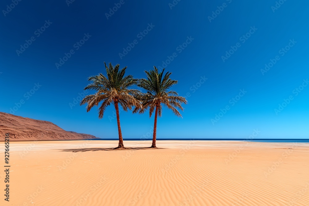 Obraz premium Two palm trees stand tall on a pristine white sand beach under a clear blue sky.