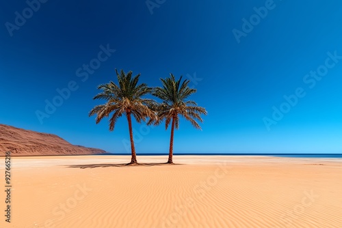 Two palm trees stand tall on a pristine white sand beach under a clear blue sky.