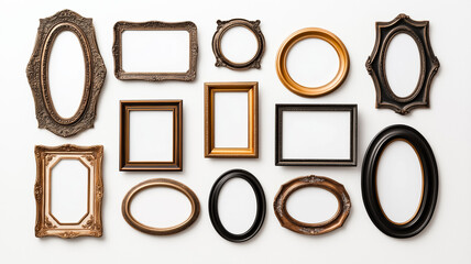 Overhead view of a collection of vintage ornate picture frames in various shapes including oval round and rectangular arranged on a white background empty and ready for use 
