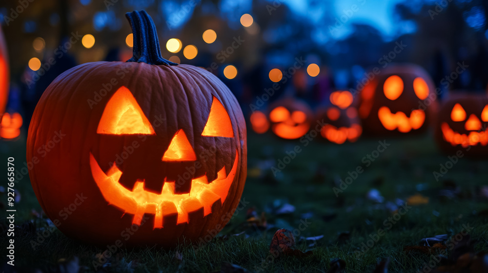 Fototapeta premium Pumpkin contest display at night with glowing jack o lanterns lit from within casting eerie shadows and a festive crowd admiring the creations 