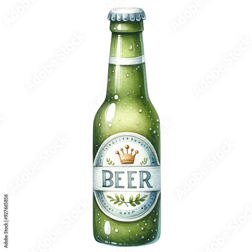 A detailed illustration of a green beer bottle with a crown label and condensation droplets on the surface.