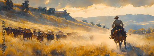 Cowboy herding cattle in mountain landscape