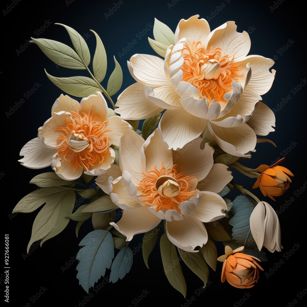 A beautifully crafted art deco floral arrangement featuring large, creamy white peonies with intricate orange centers, surrounded by lush green leaves and budding flowers. A beautifully crafted art deco floral arrangement featuring large, creamy white peonies with intricate orange centers, surrounded by lush green leaves and budding flowers.