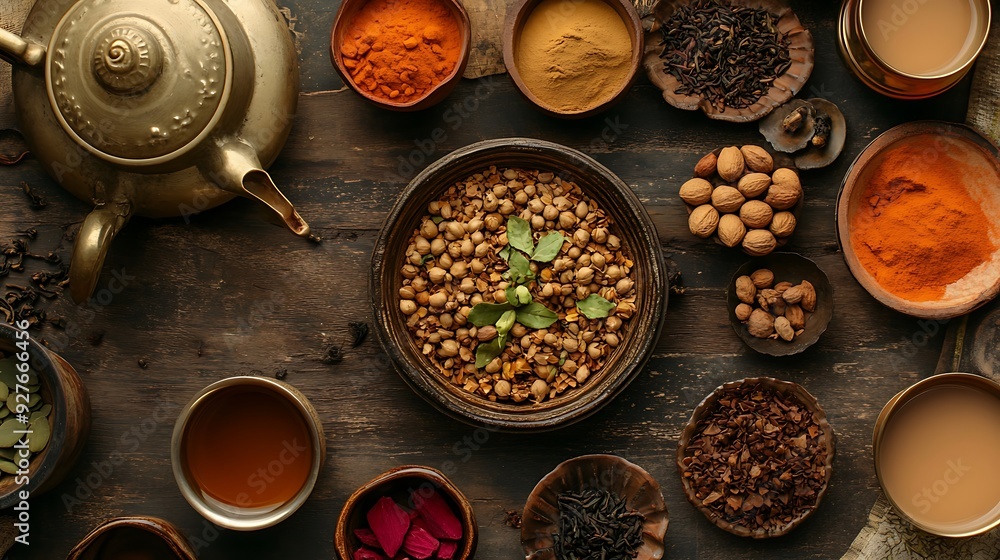 A Variety of Spices, Teas, and Nuts on a Wooden Surface A Variety of Spices, Teas, and Nuts on a Wooden Surface