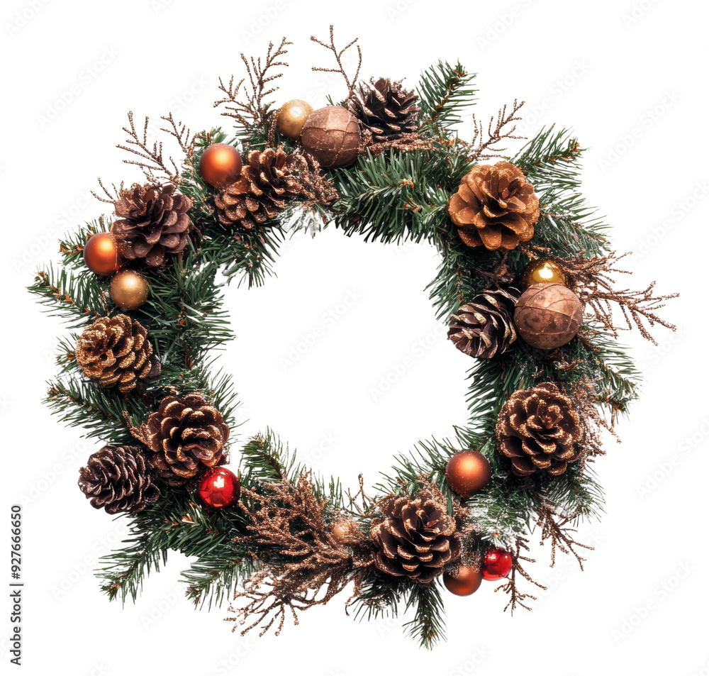 Fototapeta premium Pinecone and ornament holiday wreath, cut out - stock png.