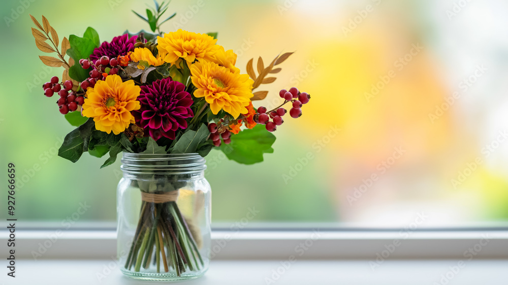 Side view of an autumn bouquet in a glass jar featuring a mix of marigolds goldenrods and burgundy dahlias with dried leaves and berries placed on a windowsill with sunlight streaming in Side view of an autumn bouquet in a glass jar featuring a mix of marigolds goldenrods and burgundy dahlias with dried leaves and berries placed on a windowsill with sunlight streaming in