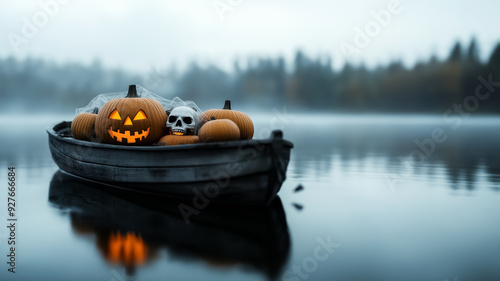 Side view of an old abandoned rowboat on a foggy lake filled with Halloween decorations like skulls cobwebs and glowing pumpkins evoking a haunting vibe  photo