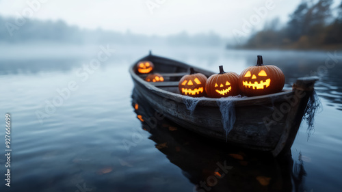 Side view of an old abandoned rowboat on a foggy lake filled with Halloween decorations like skulls cobwebs and glowing pumpkins evoking a haunting vibe 