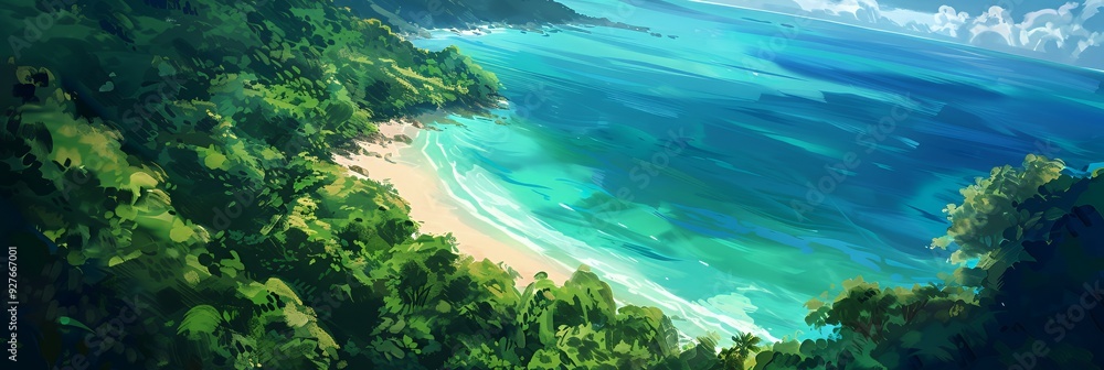 Lush green foliage overlooks a stunning turquoise ocean with a sandy beach and clear water. Lush green foliage overlooks a stunning turquoise ocean with a sandy beach and clear water.