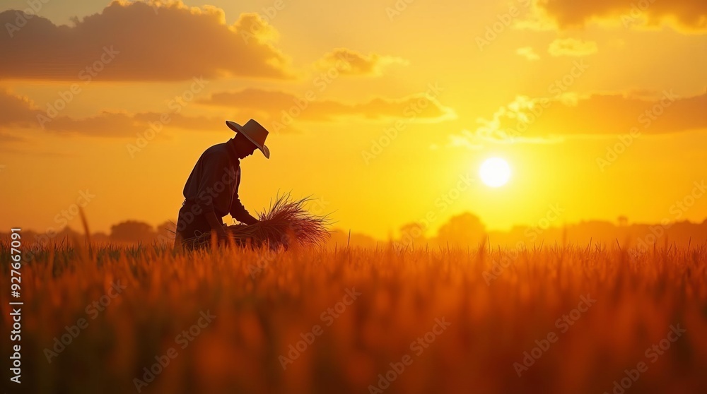Fototapeta premium Golden Wheat Field at Sunset: Farmer Silhouette Admiring Bountiful Harvest in Rural Landscape