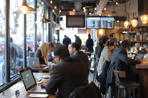 A group of individuals seated at tables, working on laptops in a bustling restaurant environment, A busy cafe with people in business attire working on laptops. AI generated