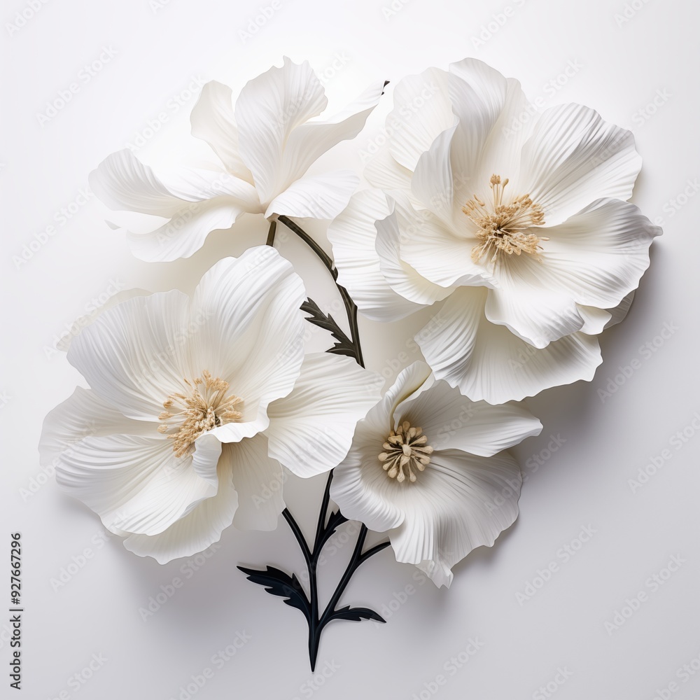 A decorative arrangement of large, white paper art deco flowers with intricate details, featuring textured petals and delicate stamens, set against a plain background. A decorative arrangement of large, white paper art deco flowers with intricate details, featuring textured petals and delicate stamens, set against a plain background.