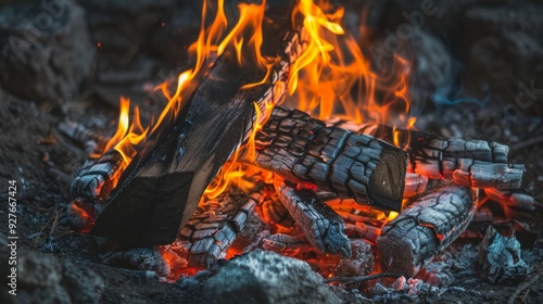 close-up of roaring campfire flames with sparks flying, against a dark background, creating dynamic and energetic visuals that highlight the power and warmth of the fire