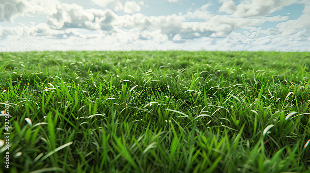 Fototapeta premium Lush Green Grass Field Under Blue Sky with Clouds - Idyllic Nature Landscape for Environmental Concepts, Outdoor Design, and Agricultural Projects