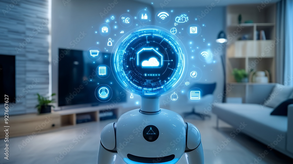 A white robot stands in a modern home with a blue glowing circle of icons representing the internet of things (IoT). A white robot stands in a modern home with a blue glowing circle of icons representing the internet of things (IoT).
