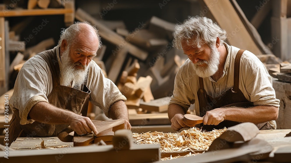 The carpenters are using spokeshave to decorate the woodwork. The carpenters are using spokeshave to decorate the woodwork.
