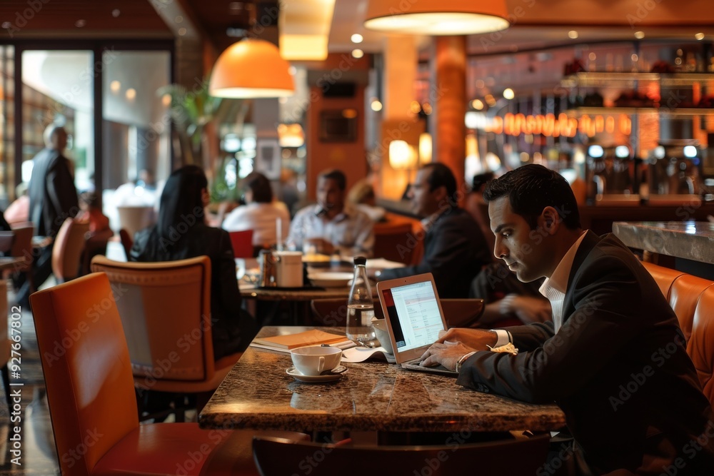 Diners focused on their laptops at tables, showcasing a blend of work and leisure in a restaurant ambiance, A busy cafe with people in business attire working on laptops. AI generated Diners focused on their laptops at tables, showcasing a blend of work and leisure in a restaurant ambiance, A busy cafe with people in business attire working on laptops. AI generated