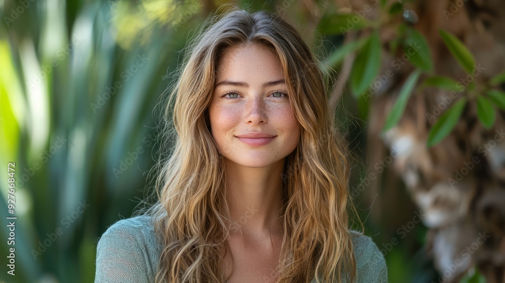 A portrait of a young woman standing outdoors, wearing sustainable fashion clothing made from organi A portrait of a young woman standing outdoors, wearing sustainable fashion clothing made from organi