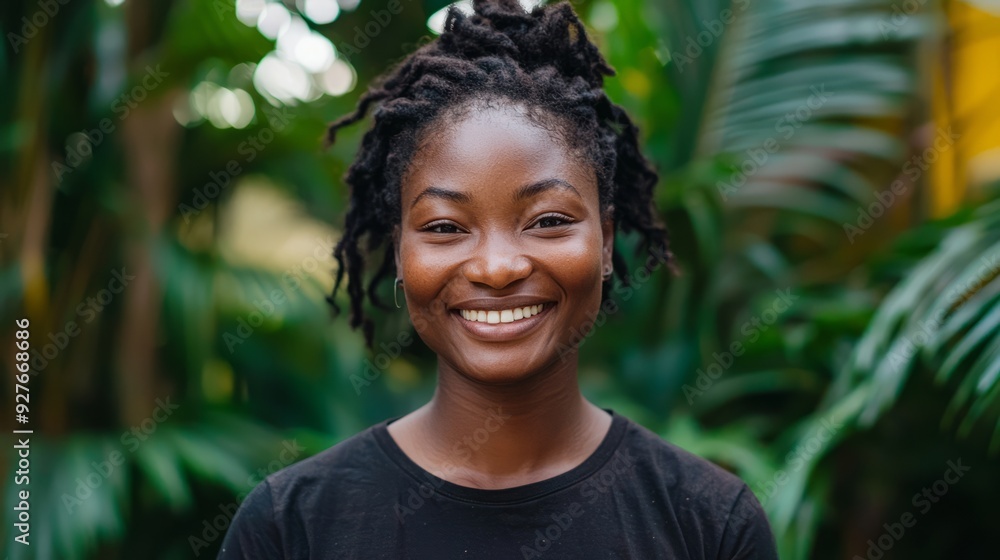 A portrait of a woman smiling, wearing a recycled fabric t-shirt, promoting sustainable living, with A portrait of a woman smiling, wearing a recycled fabric t-shirt, promoting sustainable living, with