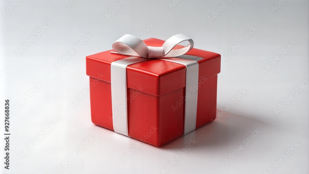 Fototapeta premium Single Red Gift Box with White Ribbon on White Background