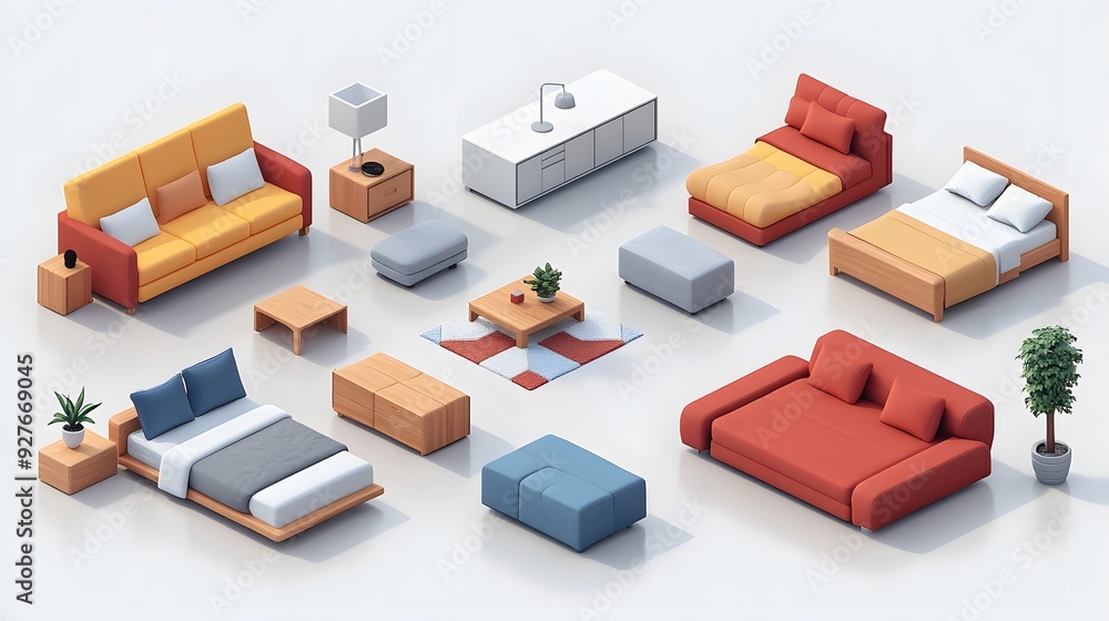 Modern bed, armchair, and sofa set in 3D isometric cartoon style, displayed against a minimalist white background. Modern bed, armchair, and sofa set in 3D isometric cartoon style, displayed against a minimalist white background.