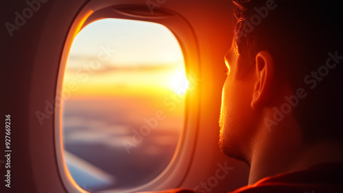 Wide angle shot of a sunset fading behind an airplane window with a person resting their head against the window symbolizing the end of a vacation and return to reality 