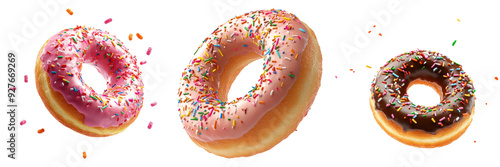 Floating assorted donuts with sprinkles isolated on transparent background