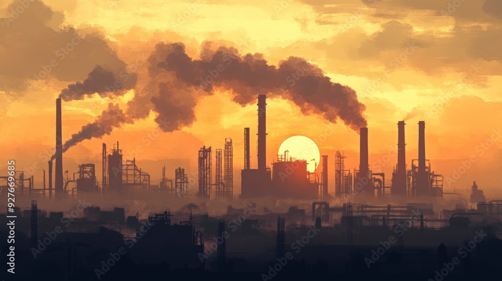 Silhouette of a factory with tall chimneys emitting smoke against a setting sun. Silhouette of a factory with tall chimneys emitting smoke against a setting sun.