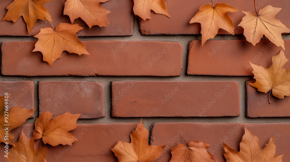 Obraz premium Worn brick texture with faded autumn leaves subtle Thanksgiving rustic charm cozy warm tones with an aged feel perfect for seasonal designs 