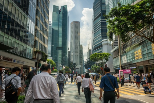 A mix of people walking down a city street, highlighting the lively interaction and movement within an urban environment, A busy street with skyscrapers and people in business attire. AI generated