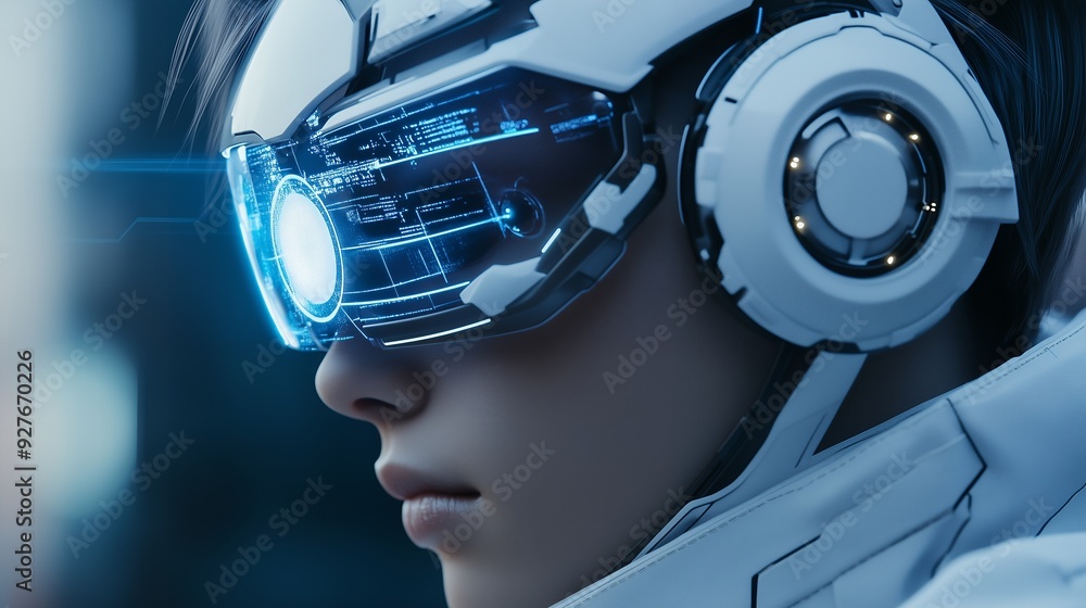 Close up of a woman wearing a futuristic headset with glowing blue interface.