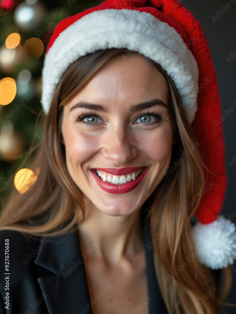 A joyful woman wearing a Santa hat is smiling brightly against a backdrop of Christmas lights, conveying a festive spirit and holiday cheer in a close-up portrait full of warmth. A joyful woman wearing a Santa hat is smiling brightly against a backdrop of Christmas lights, conveying a festive spirit and holiday cheer in a close-up portrait full of warmth.