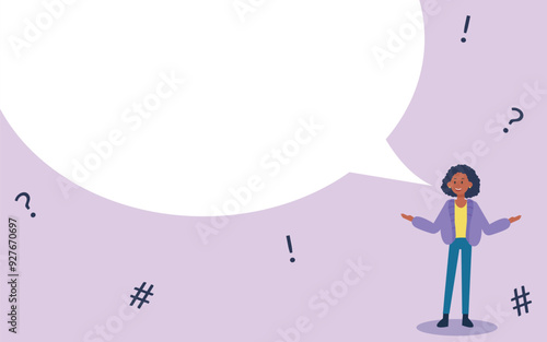 a full-length character with a dialog cloud with an empty space, an educational or business illustration