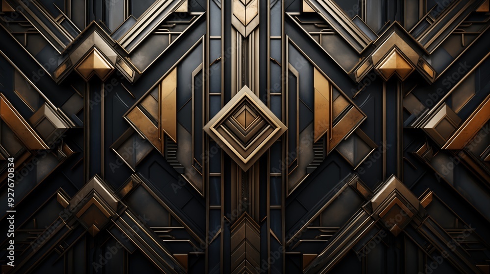 A detailed abstract art deco background featuring geometric shapes and patterns in gold and dark tones, creating a luxurious and modern design. A detailed abstract art deco background featuring geometric shapes and patterns in gold and dark tones, creating a luxurious and modern design.
