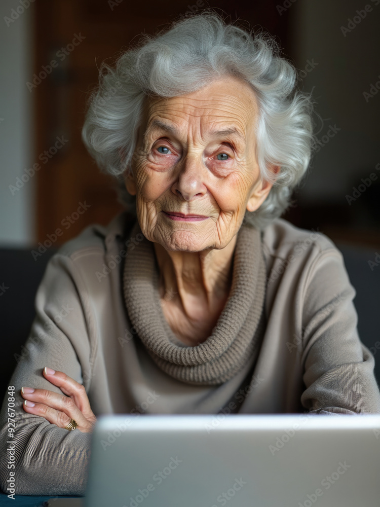 An elderly woman with a peaceful expression, wearing a cozy turtleneck sweater looks intently at a laptop screen, perhaps engaging in online activities, reflecting on memories, or staying informed wit An elderly woman with a peaceful expression, wearing a cozy turtleneck sweater looks intently at a laptop screen, perhaps engaging in online activities, reflecting on memories, or staying informed wit