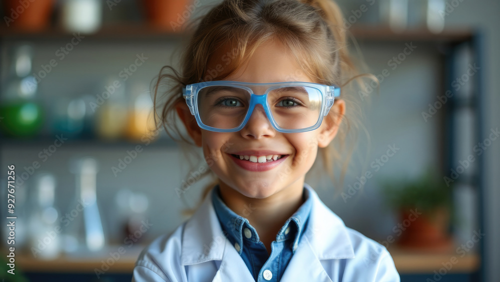 A smiling young girl wearing a lab coat and blue safety goggles looks ready and excited to conduct a science experiment, radiating enthusiasm and curiosity in a science lab setting. A smiling young girl wearing a lab coat and blue safety goggles looks ready and excited to conduct a science experiment, radiating enthusiasm and curiosity in a science lab setting.