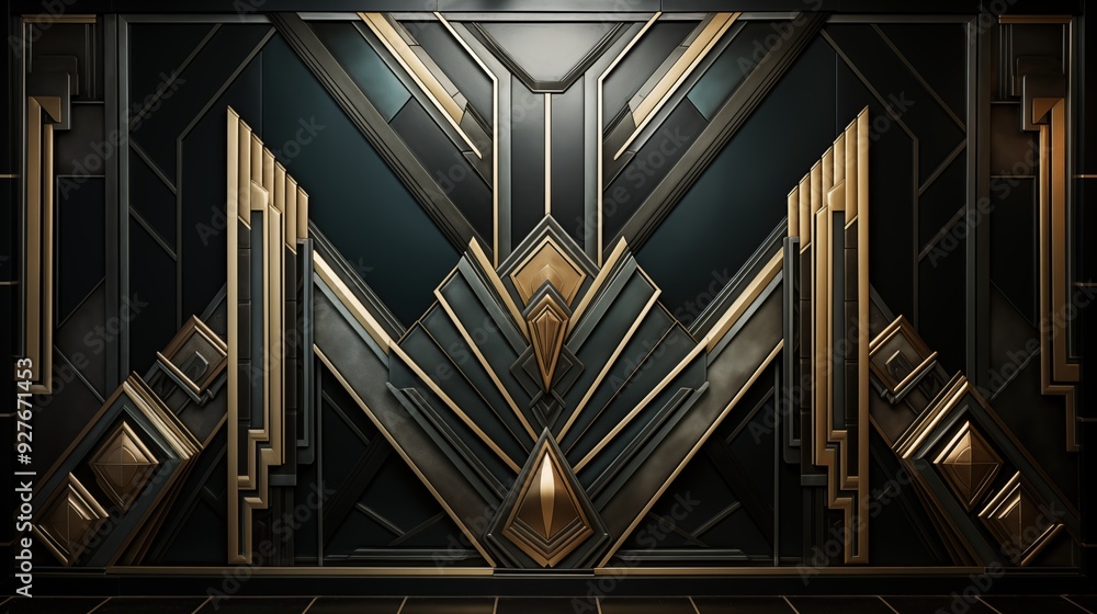 A modern art deco geometric wall design featuring intricate patterns and a combination of dark and metallic gold colors. A modern art deco geometric wall design featuring intricate patterns and a combination of dark and metallic gold colors.