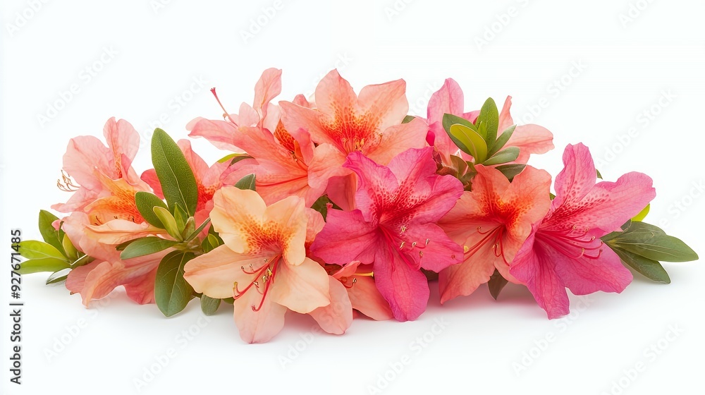 Close-up of a bouquet of pink and peach azalea flowers with green leaves on a white background. Close-up of a bouquet of pink and peach azalea flowers with green leaves on a white background.