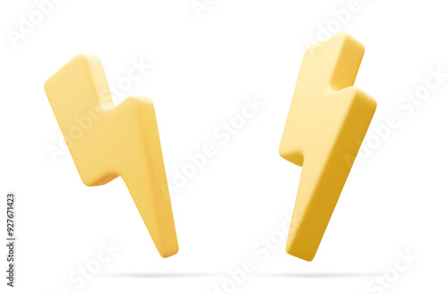 3d vector illustration set of yellow charger symbol with rotation. Yellow sign thunder. Symbol of energy, danger. Minimalistic electrical discharge.
