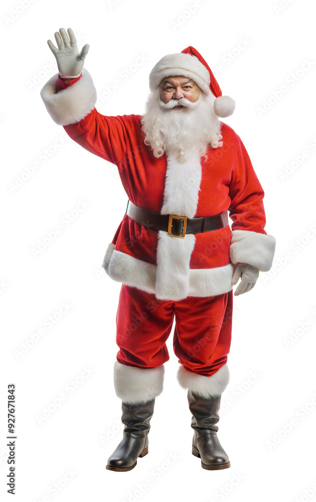 Santa Claus waving cheerfully during the holidays, cut out - stock png. Santa Claus waving cheerfully during the holidays, cut out - stock png.