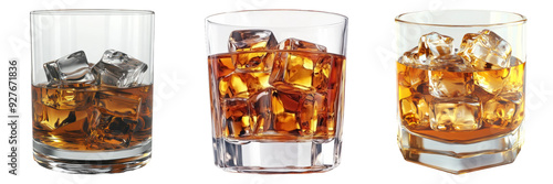 Glass of whiskey with ice cube isolated on transparent background