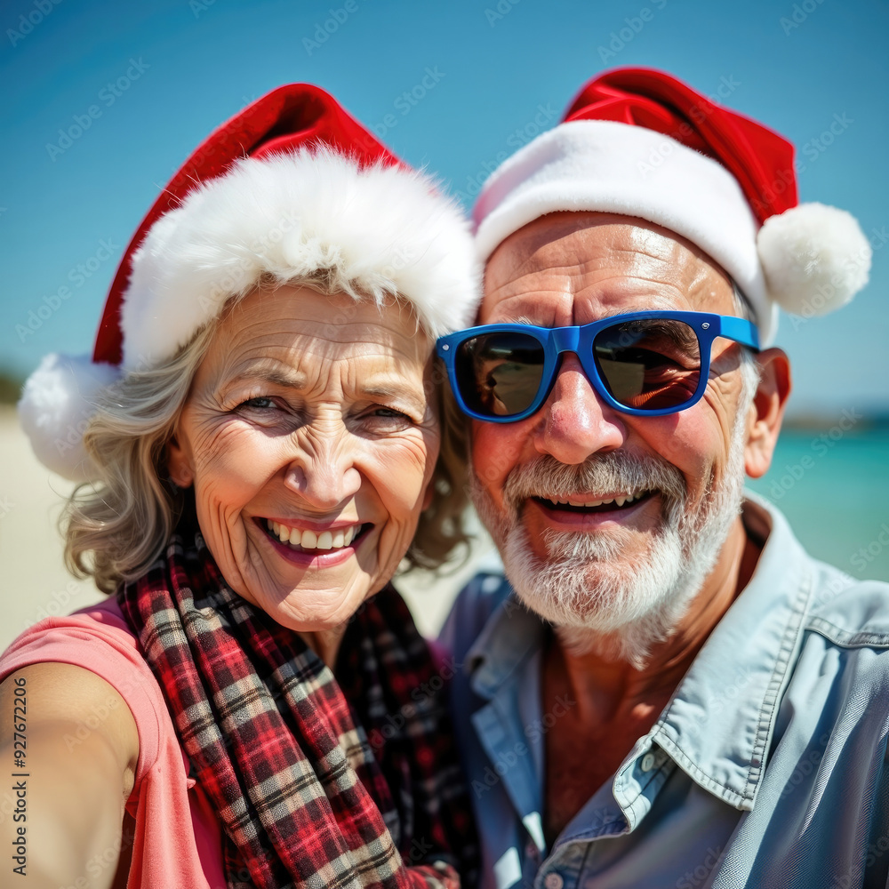 An elderly couple, both wearing Santa hats, smiles broadly while enjoying a sunny day at the beach, symbolizing joy, togetherness, and holiday spirit under a clear blue sky. An elderly couple, both wearing Santa hats, smiles broadly while enjoying a sunny day at the beach, symbolizing joy, togetherness, and holiday spirit under a clear blue sky.
