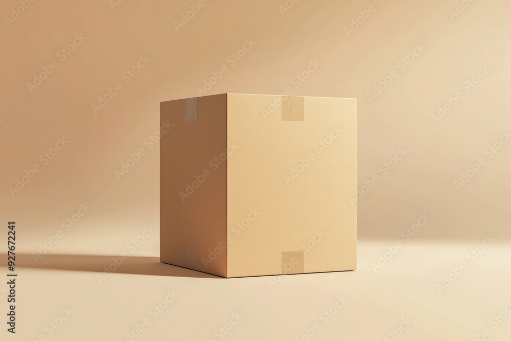 A single closed cardboard box sits on a beige surface against a beige background. A single closed cardboard box sits on a beige surface against a beige background.