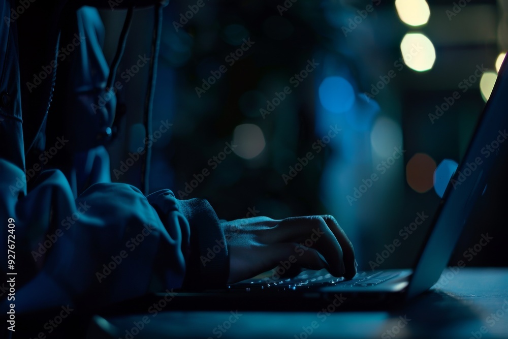 A woman focused on her laptop, typing intently in a dimly lit room during the night, A close-up of a professional looking person working on a laptop.AI generated A woman focused on her laptop, typing intently in a dimly lit room during the night, A close-up of a professional looking person working on a laptop.AI generated